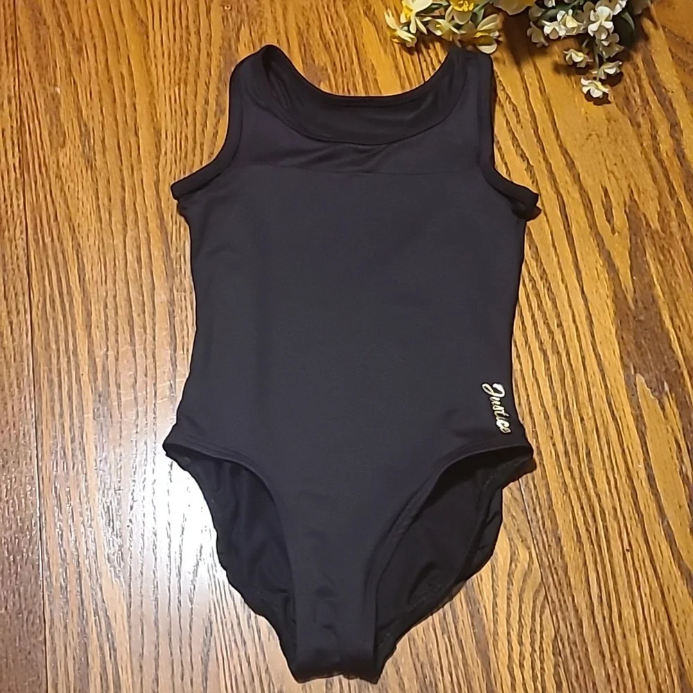 Justice Black Leotard with Gold Logo - Girl's XS